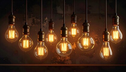 A grouping of decorative filament bulbs illuminating a dark textured wall