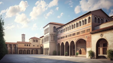 Fototapeta premium Architectural Rendering: A Medieval Monastery Courtyard in Italy