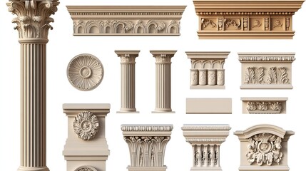 Collection of Architectural Classical Elements:Pillars,Cornices,Capitals,Moldings