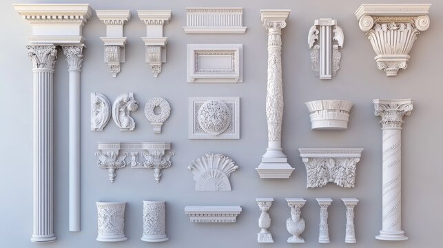 Collection of Classical Architectural Elements: Pillars, Cornices, and Capitals