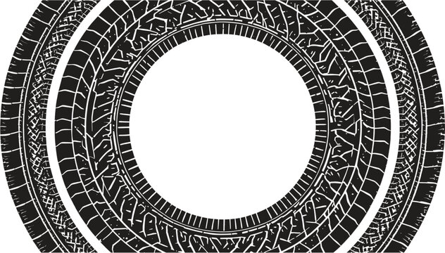 Three concentric circular tire tracks with distinct tread patterns on a white background, symbolizing automotive movement and design.