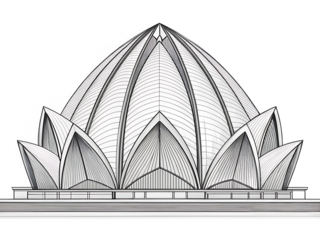 lotus temple delhi line art black and white isolated on white background, PNG. AI Generated