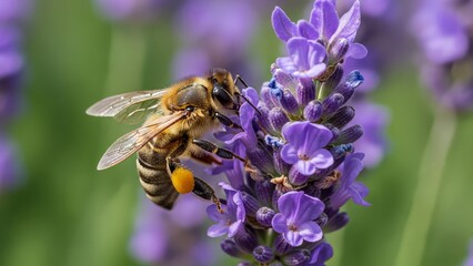 Close up macro shot of a honey bee with pollen baskets on its legs collecting nectar from vibrant purple lavender flowers in a sunlit field during summer with pollination