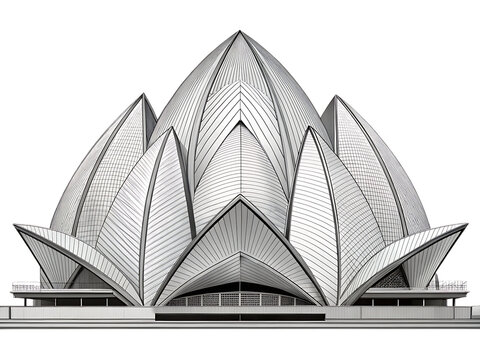 lotus temple delhi line art black and white isolated on white background, PNG. AI Generated
