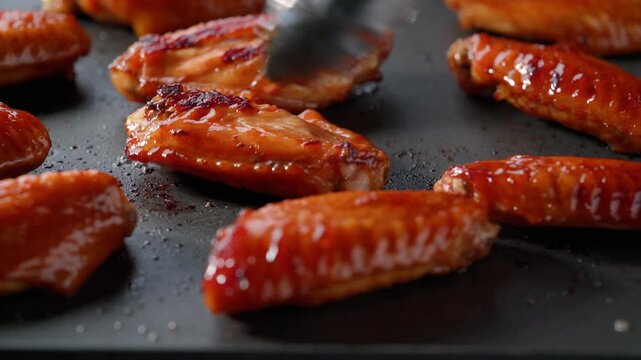chef turning chicken wings in a grilled to cook other side on barbecue.   grill master flips chicken wings.