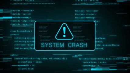 Futuristic digital display in cyan and teal hues showing programming code with a central alert triangle and horizontal glitch artifacts, representing a system notification or data error - Powered by Adobe