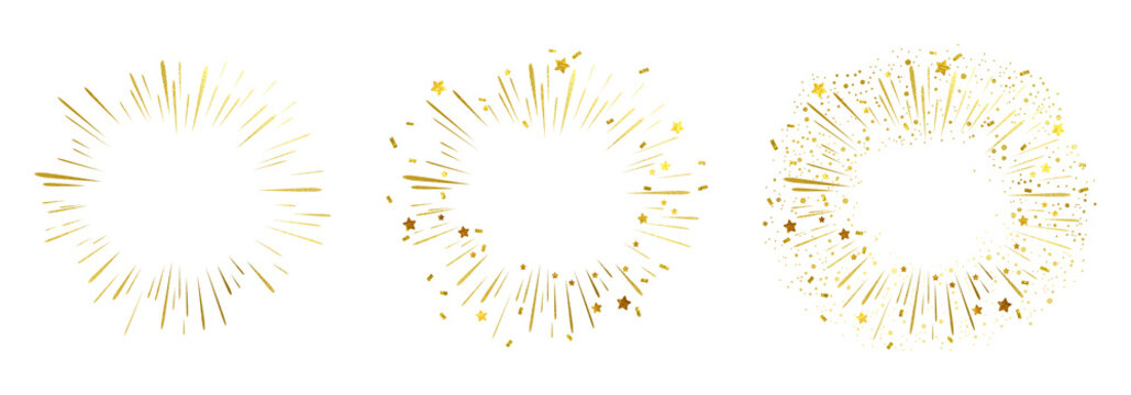 Elegant golden fireworks frames, gold burst effect background, festive celebration design, New Year party invitations, greeting cards, banners, or celebration event  and posters design element.