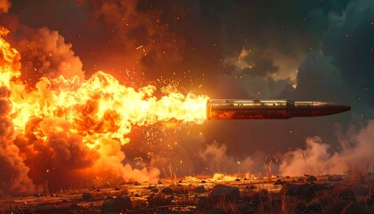 A fiery projectile streaks across a dramatic, stormy sky, leaving a trail of fire