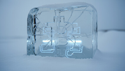 Bitcoin winter. Bitcoin symbol carved in transparent ice block in a snowy environment, illustrating the intersection of finance and technology. Image made using Generative AI.