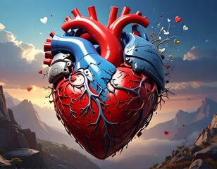 Anatomical heart art Red, blue, and silver on mountain background with scattered hearts and dry branches
