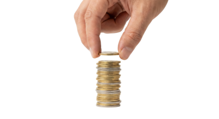 Hand stacking gold coins on transparent background