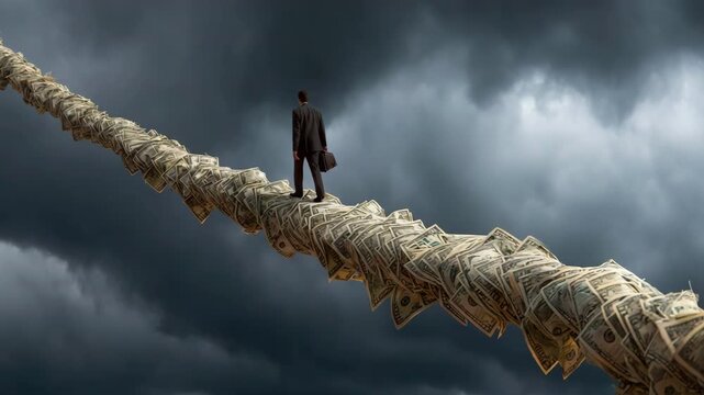 A businessman walks confidently across a tightrope made of dollar bills, financial risk, balance, investment challenges