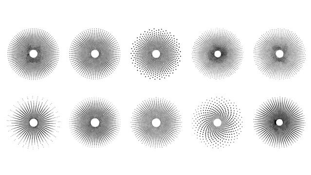 Halftone sunburst radial patterns collection