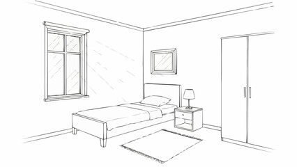 Sketch of a simple bedroom interior with a bed and wardrobe.