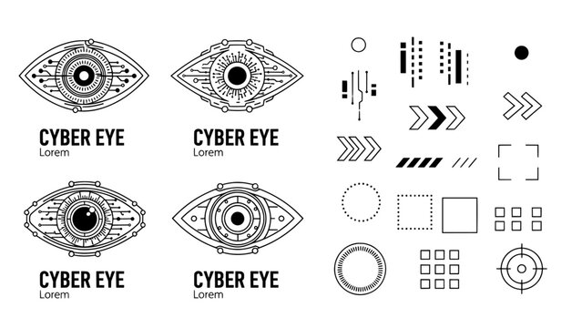 Cyber eye logos and futuristic interface elements