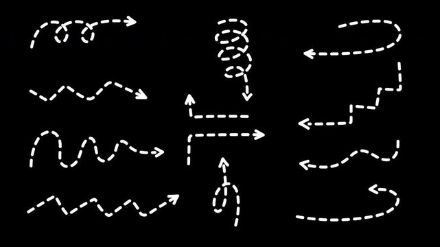 Set doodle line of dotted arrows animation on transparent background. 4K Video