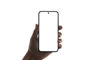 Hand Holding Smartphone Mockup with Blank Screen Isolated on White Background for Mobile App UI Design