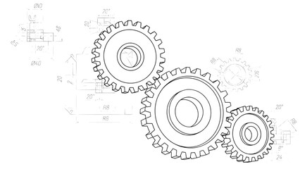 Gear system with technical drawing