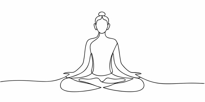 A minimalist line drawing depicts a woman in a peaceful lotus yoga pose