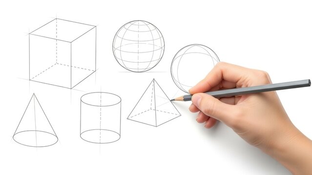 Hand drawing geometric shapes: cube, sphere, cone, cylinder, pyramid on white background