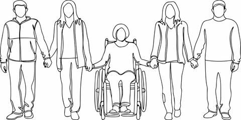 A diverse group of people holding hands including a person in a wheelchair