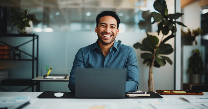 Portrait, laptop and smile with business man in office for research, account review and investor report. Risk analysis, portfolio budget and online audit with person in agency for stock evaluation