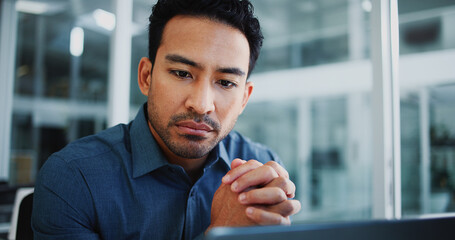 Man, reading and employee with laptop, office and financial plan for annual budget and...