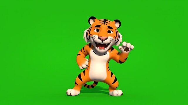 This cheerful 3D animated cartoon tiger mascot is captured performing a vibrant and energetic tiger dancing routine on a useful chroma key green screen background, ideal for children s entertainment.