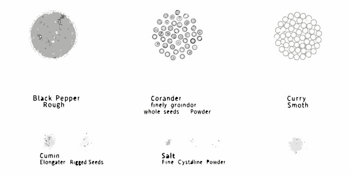 Illustrations of spices black pepper coriander cumin curry and salt