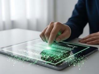 Digital Contract E-Signature: Professional Hand Signing Holographic Legal Agreement on Transparent Tablet, Connected to Secure Blockchain Network