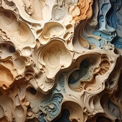 Abstract textured artwork. Beige, orange, & blue, swirling topographic map-like relief creates layered, organic shapes