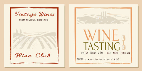 Vintage wine labels with vineyard illustrations and tasting event details