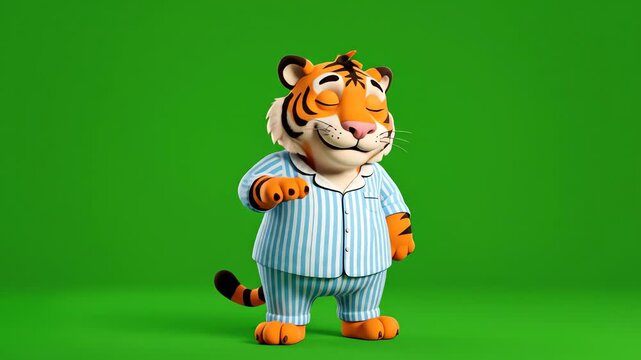 This adorable 3D animated cartoon tiger, dressed in comfy striped pajamas, is seen stretching, yawning, and performing a cheerful morning routine, which looks like a lively tiger dancing sequence.
