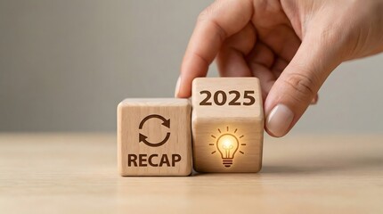 Year 2025 recap concept with wooden cubes,changing year to new one,annual review,retrospective analysis and creative idea for planning or reflection on past performance