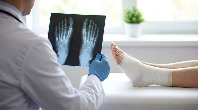 Doctor in lab coat and gloves examining a foot X-ray next to a patient with a bandaged ankle, emphasizing diagnosis, injury, and medical care