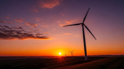 Obraz premium Expansive wind farm turbines silhouetted against a vibrant orange and purple sunset sky with dramatic clouds and lens flare illuminating the landscape with wind turbine