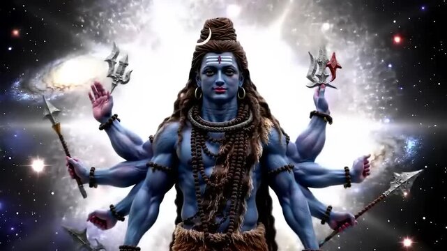 Hindu god Shiva with multiple arms, and cosmos.