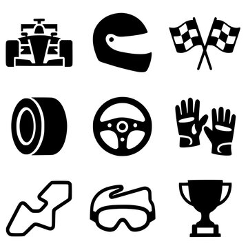 A grid of nine black silhouette icons related to motorsports