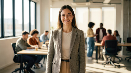Professional woman smiling in office environment, showcasing teamwork and collaboration