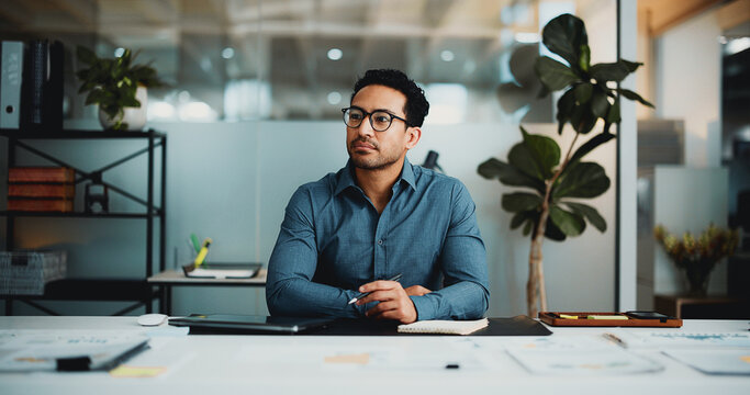 Businessman, thinking or planning in office with idea for data analysis, financial insight or decision. Analyst, person and reflection in workplace with finance statistics, problem solving or vision. - Powered by Adobe