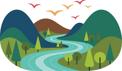 Fototapeta premium Minimalist nature landscape illustration with colorful mountains, winding river and pine forest in flat design style