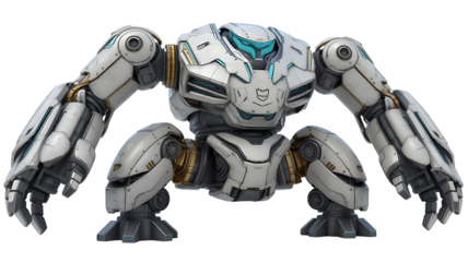 Detailed depiction of a futuristic white and blue robotic armored combat unit