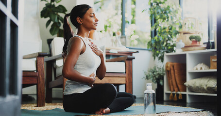 Meditation, breathing and zen with woman in home for spiritual balance, holistic and mindfulness....