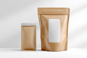 Brown stand-up pouch and resealable container on white background