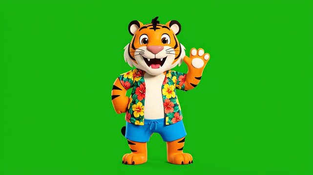Animated cartoon tiger character enthusiastically performing a lively dance routine, showcasing energetic tiger dancing moves with a friendly and playful demeanor on a vibrant green screen.