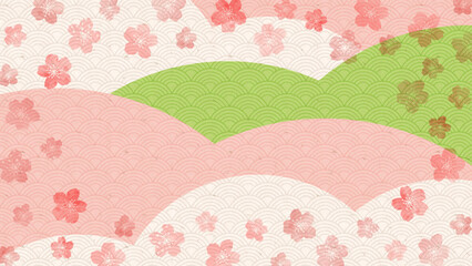 桜と雲の水彩背景。桜と雲をあしらった、やさしく上品な水彩風で和紙風の春の背景。Japanese Spring Watercolor Background.