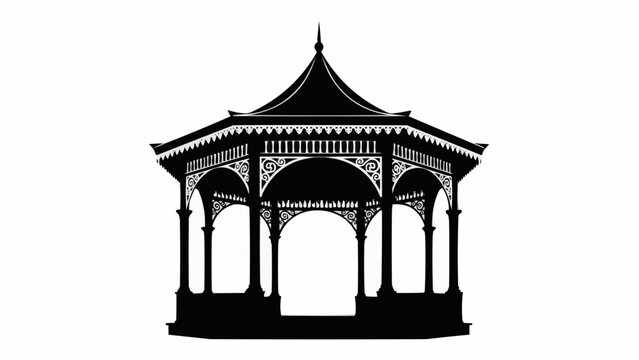 Ornate Victorian Gazebo Silhouette Isolated on White Background.