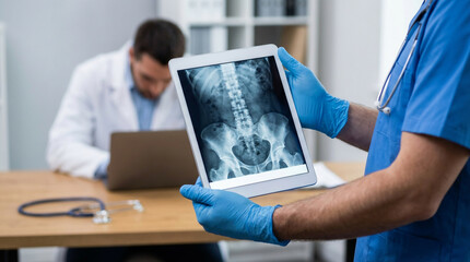 A medical professional in blue scrubs and gloves reviews a human spine and pelvis X-ray on a digital tablet, demonstrating modern medical diagnostics