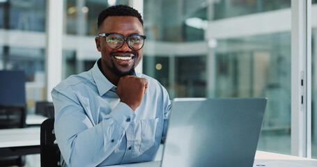 Black man, portrait and smile in office with laptop, pride and bookkeeping as accountant. Business...