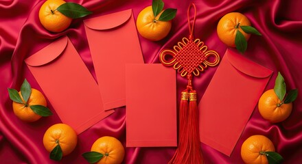 Chinese New Year Red Envelopes with Oranges on Silk Background